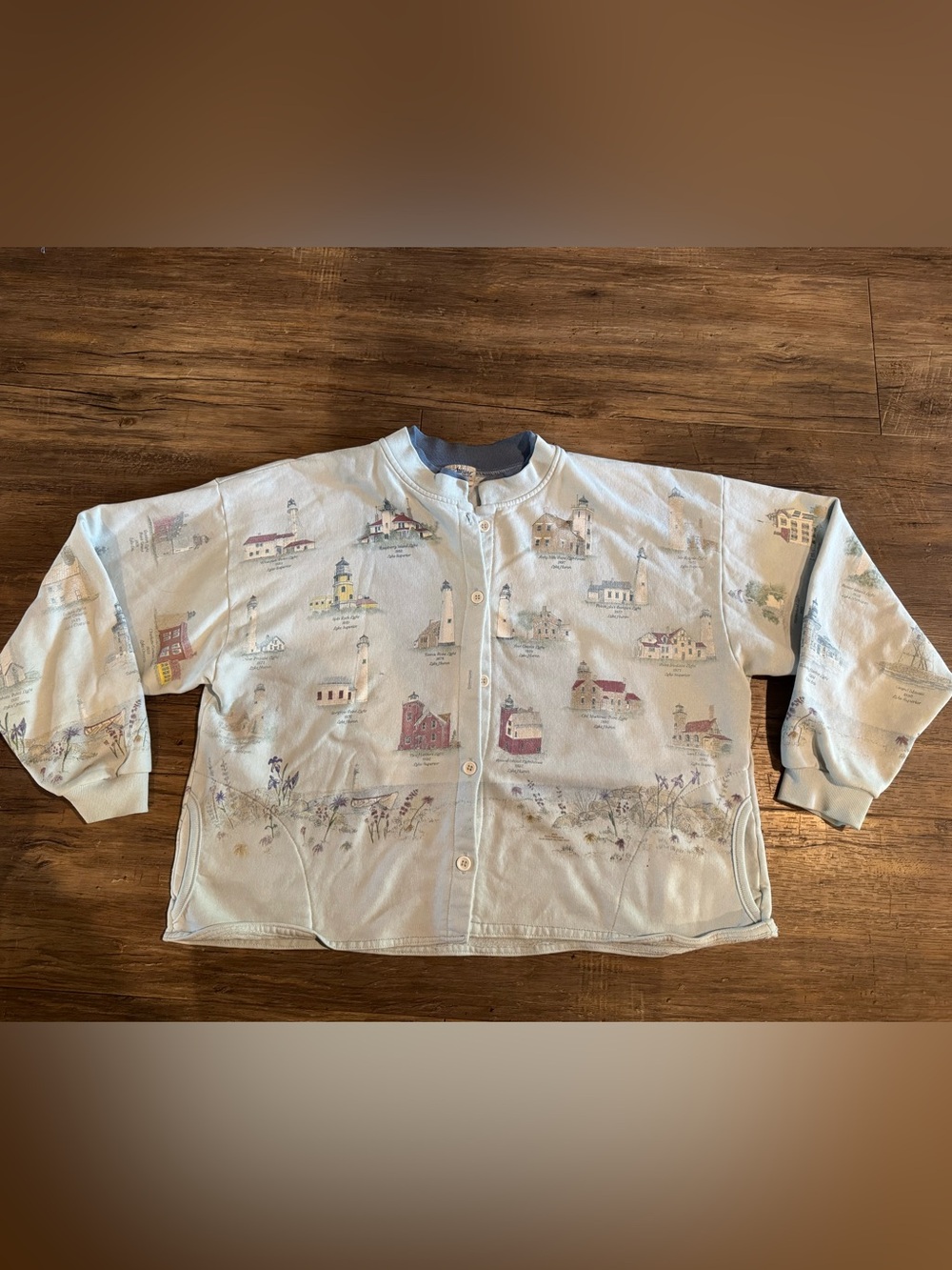 VTG Artisans Lighthouse Graphic Button Up Grandma Cardigan Blue Sz L/XL